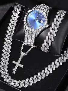 Men's Watch Necklace Bracelet Set, Matching Jewelry Set, Cuban Hip Hop Rhinestone Jewelry, Cross Pendant, Fashion Trendy Gift for Valentine's Day, Father's Day