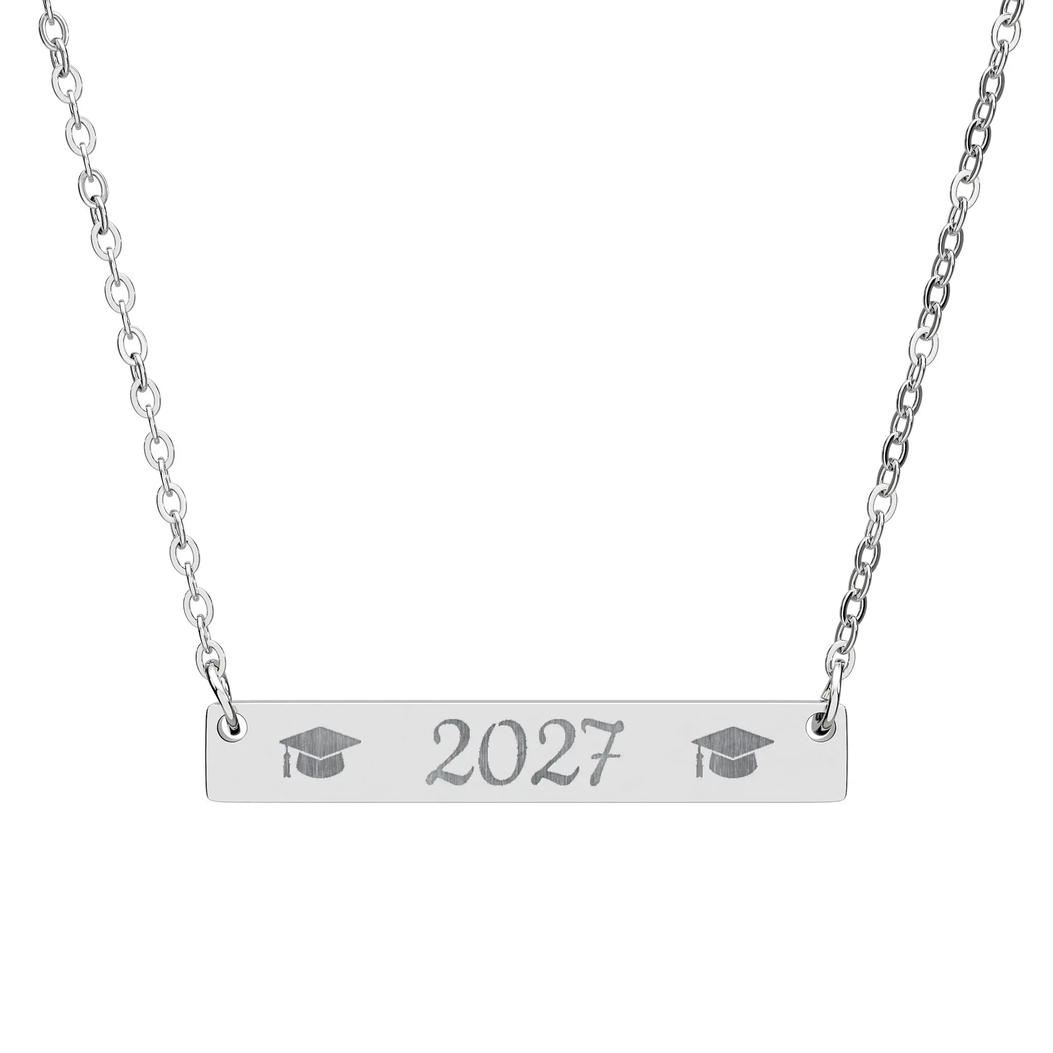 2027 Graduation Cap Horizontal Bar Necklace | Engraved Year Pendant