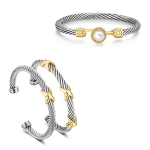 Aprilery Gemstone Cable Bracelet Set – Two-Tone Bangle with Natural Stones in 9 Variations