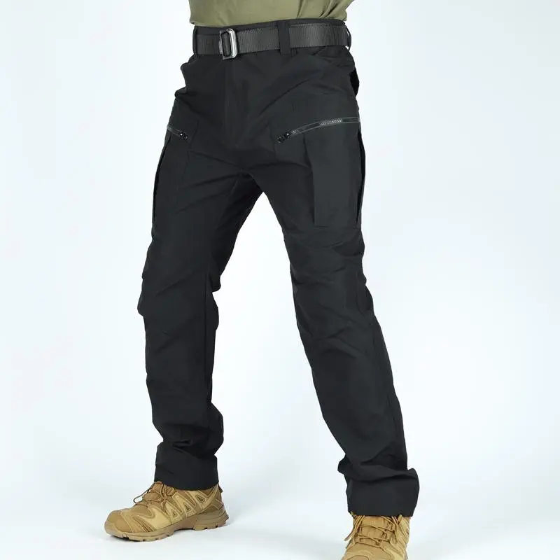 Men's Solid Color Zipper Waterproof Tactical Work Pants, featuring an athletic mouth wide slim waterproof tactical pants, durable autumn winter trousers, men's wear-resistant outdoor training pants, please order according to size chart