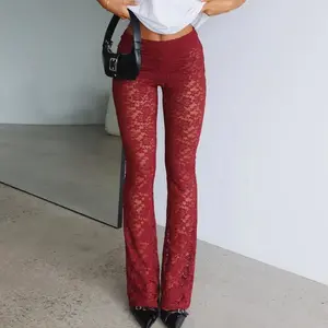 Women Sheer Lace Pants Flower Elastic Waist See Through Long Trousers Casual Summer Streetwear