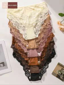 Women's Plus Size Lace Patchwork Thong Panties, Comfortable Breathable Fabric, Sexy Solid Color Underwear, Fashion Breathable Underwear, 6 Pack