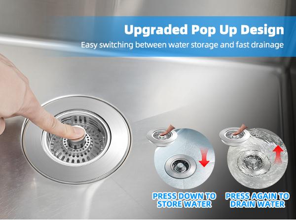 Hibbent Metal Kitchen Sink Drain Strainer and Stopper, Stainless Steel | Upgraded Universal 3 in 1 Pop Up Design, Detachable Larger Anti-Clog Basket, 3-Layer Seal Plug for Standard 3-1/2" Drain