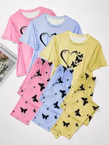 6 Counts Women's Heart & Butterfly Print Pyjama Set, Comfy Pyjama Set, Pajama Set, Short Sleeve Tee & Elastic Waist Pants Loungewear Set, Women Cute Nightwear, PJ Sets for Women, Summer Outfits 2024, Womenswear, Lady