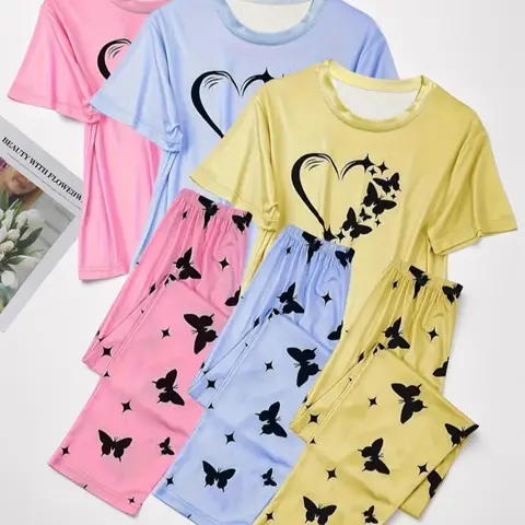 6 Counts Women's Heart & Butterfly Print Pyjama Set, Short Sleeve Tee & Elastic Waist Pants Loungewear Set, Women Cute Nightwear, PJ Sets for Women, Pajama Set, Summer Outfits 2024