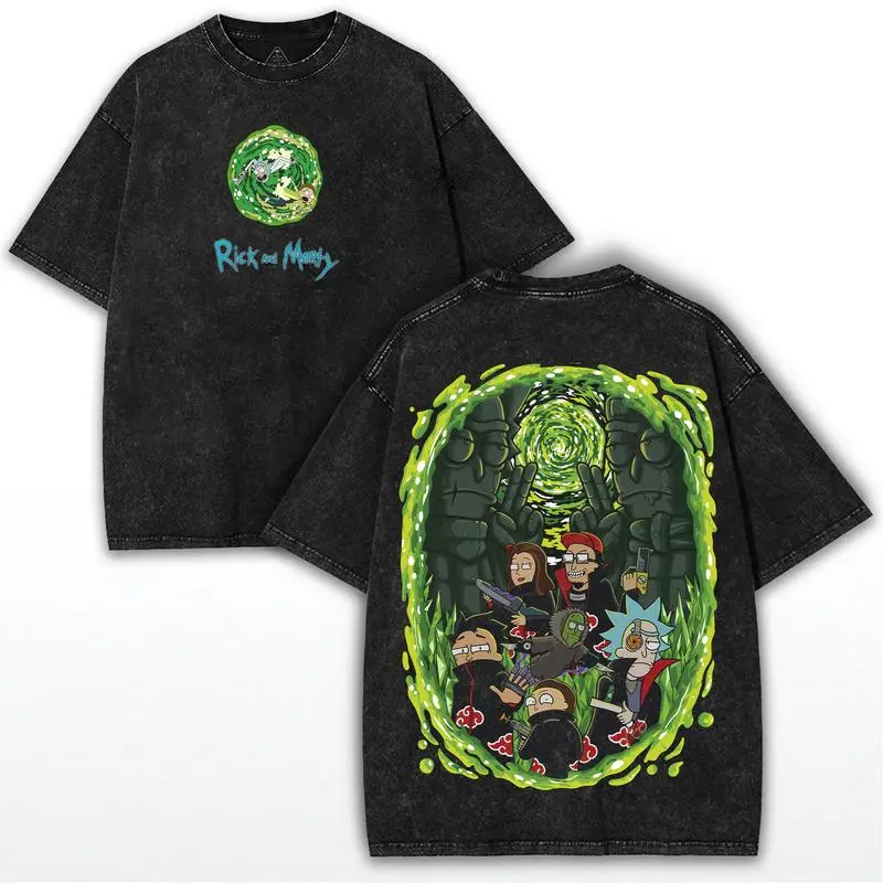 [Winter Festive Outfits] Rick and Morty x Akatsuki Oversized Cotton T-Shirt - Multi-Size Vintage Effect Distressed Graphic Men's Short-Sleeve Round Neck Casual Streetwear Collector Drop Crossover Anime Parody Top, Sport Look Tee, Distressed Wash