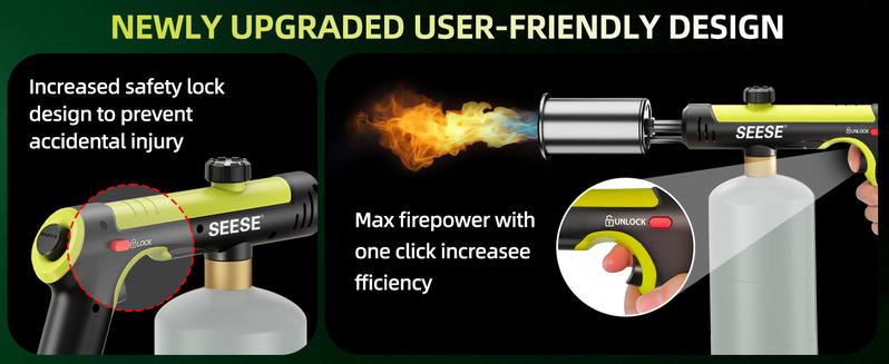 SEESE Powerful Propane Torch(Propane Tank Not Included),With One-Touch Max Fire Button and Safety Lock, Adjustable Blow Torch for Sous Vide Searing Steak, BBQ,Fireplace,Charcoal Wood，Excellent Gift for New Year