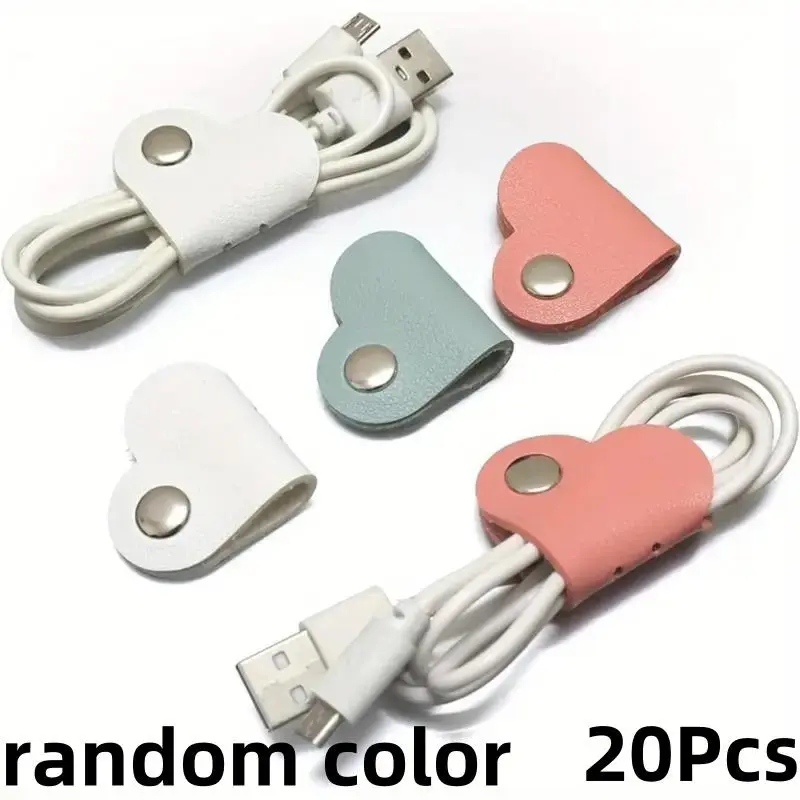 20Pcs Heart-Shaped Faux Leather Cable Straps, Multi-Color Headphone & Headset Cable Organizer, Non-Battery Cable & Wire Management Clips, Unisex Cable Fixator Set, Home