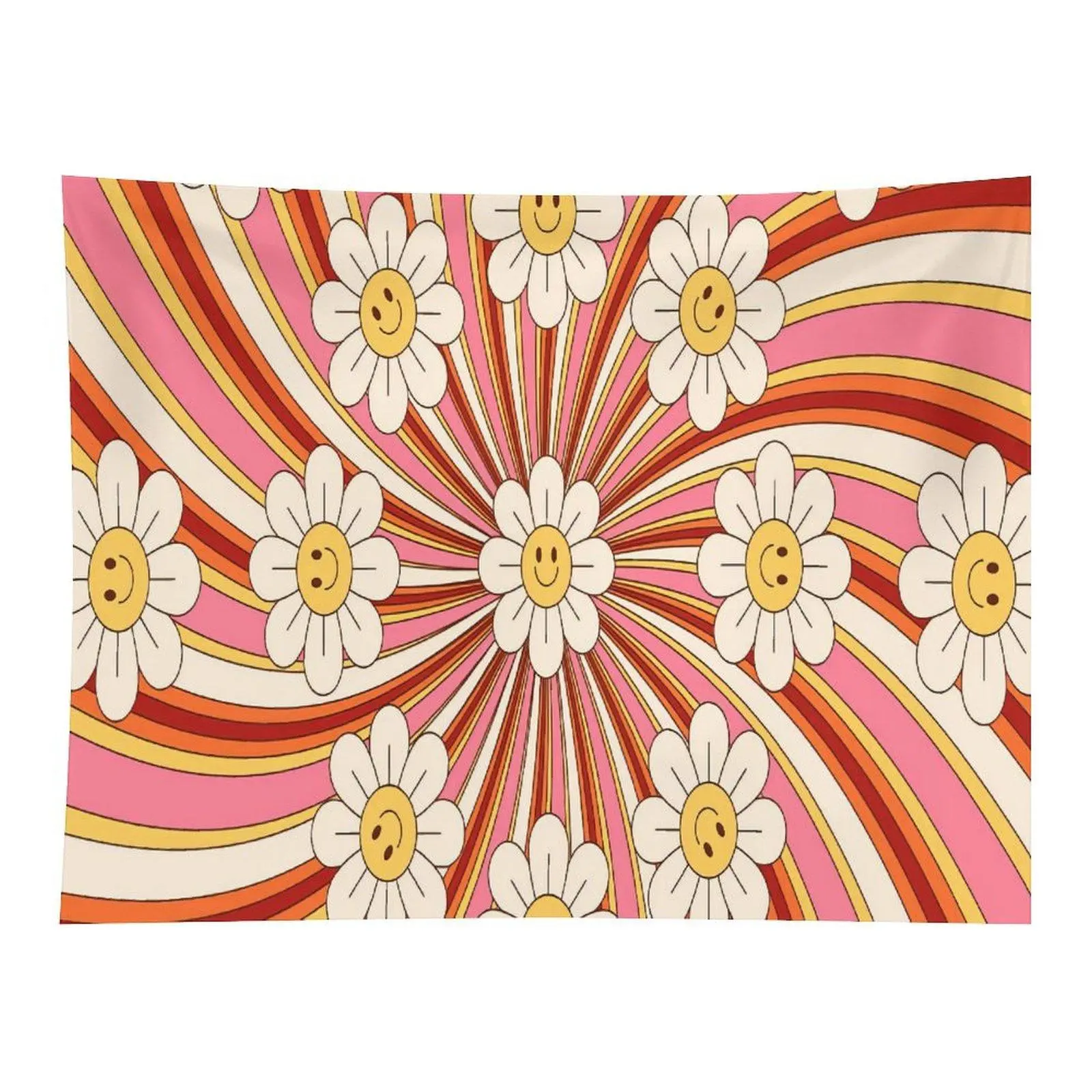 Retro Groovy Smiley Daisy Flower Tapestry Swirl Rainbow Stripe Vintage Hippie Style Colorful Wall Art Aesthetic Room Decoration