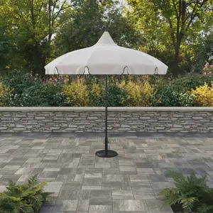 My Texas House 9ft Outdoor Round Market Patio Umbrella with Off-White Canopy and Black Trim