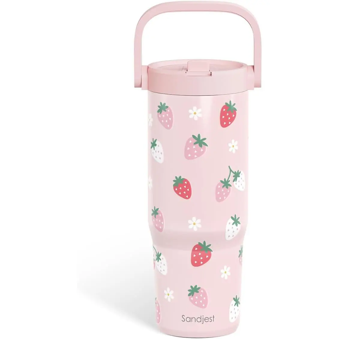 SANDJEST 30 oz Strawberry Stainless Steel Tumbler with Straw Lid and Carry Handle