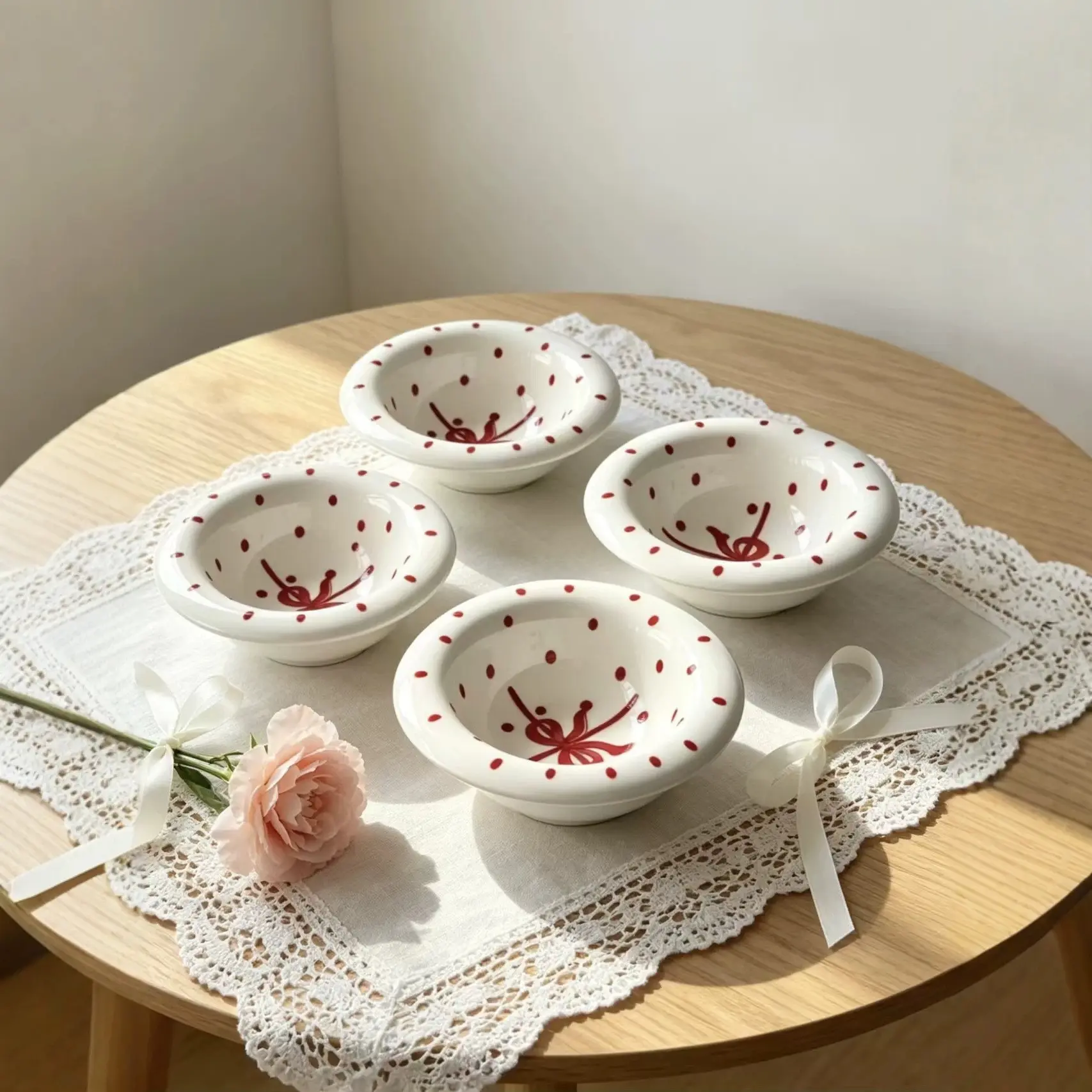 4pcs Hand-Painted Bowknot & Polka Dot Ceramic Bowls, Cute Small Serving Dishes, Microwave Safe, Multipurpose Bowls for Home Kitchen Decor
