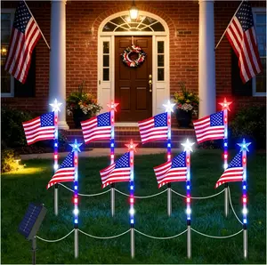 Decorations Outdoor American Flag Lights, 8-Pack Solar Powered Pathway Lights with USA Flags and LED Stars, Red White and Blue Patriotic Yard Decor, 26.5 Inch