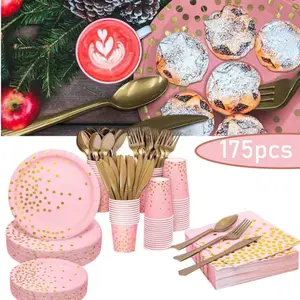 175 pieces of pink rose gold tableware set party supplies disposable tableware banquet decoration fork knife spoon combination paper plate napkin cup suitable for birthday weddings/parties/family gatherings/Christmas decoration