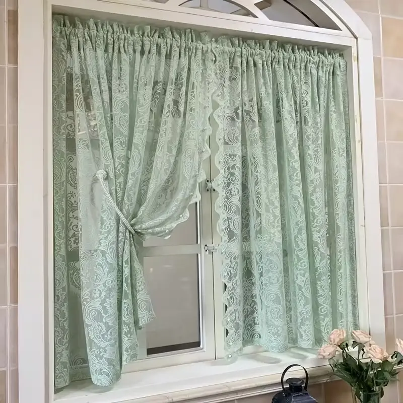 2pcs Luxury Beaded Lace Short Curtains, Curtain For Windows, Kitchen Small Window Filtering Drapes, Romantic Cafe Half Window Curtain, Bedroom Living Room Home Decor, Home Decoration Curtain