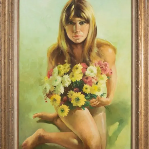 Beautiful Vintage Morando Luque Oil Painting of Blonde Woman w/ Flowers Signed!