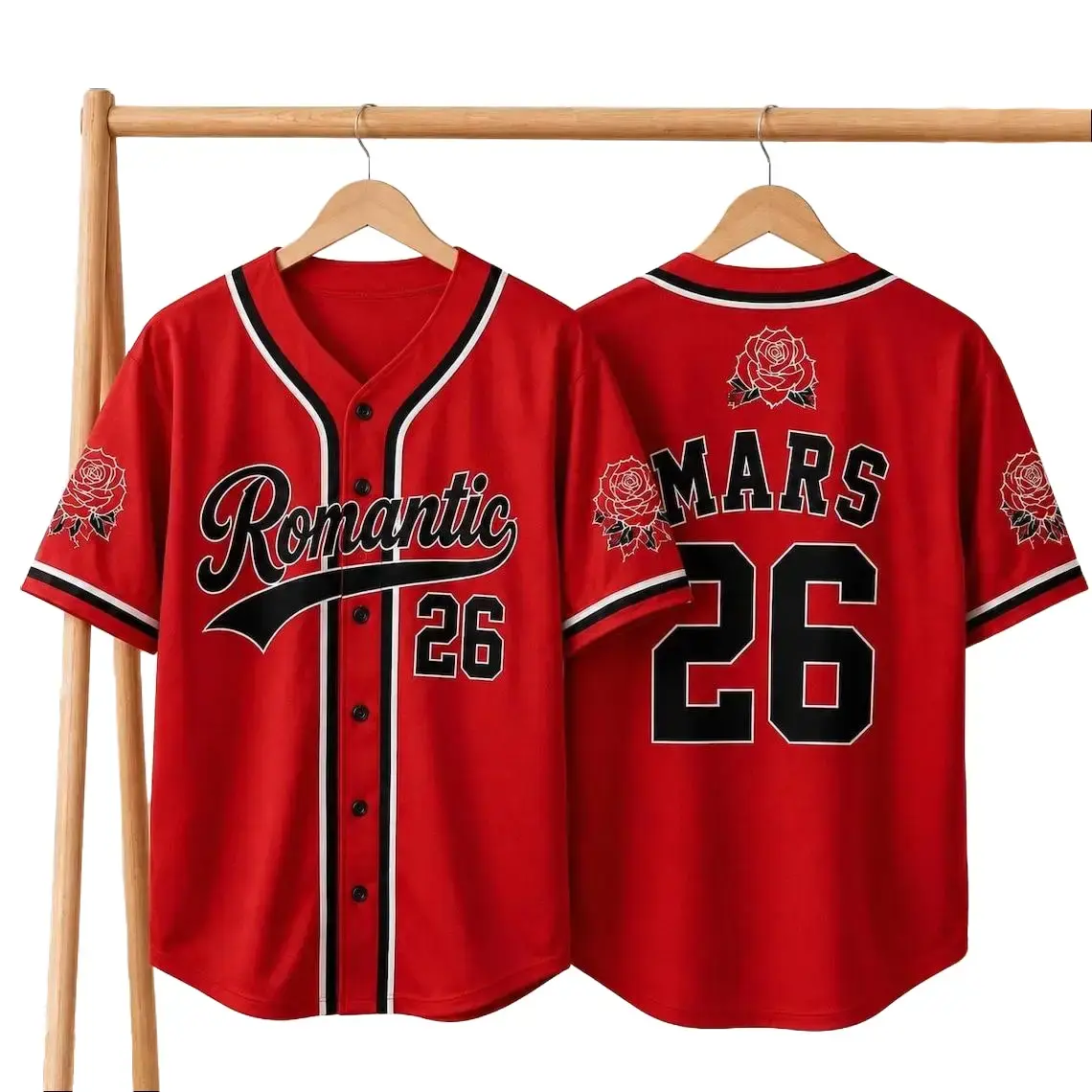 Romantic Red Rose Concert Baseball Jersey, Custom Name & Number Button-Down Shirt, Music Fan Jersey, Festival Outfit, Unisex Sportswear Gift