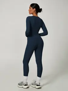 Women's Plain Long Sleeve Top & Pants Set, Sports Activewear Set, Comfortable Tight-Fit for Yoga Home Gym, Yoga Clothes Set, Casual Kardashian Style Clothing