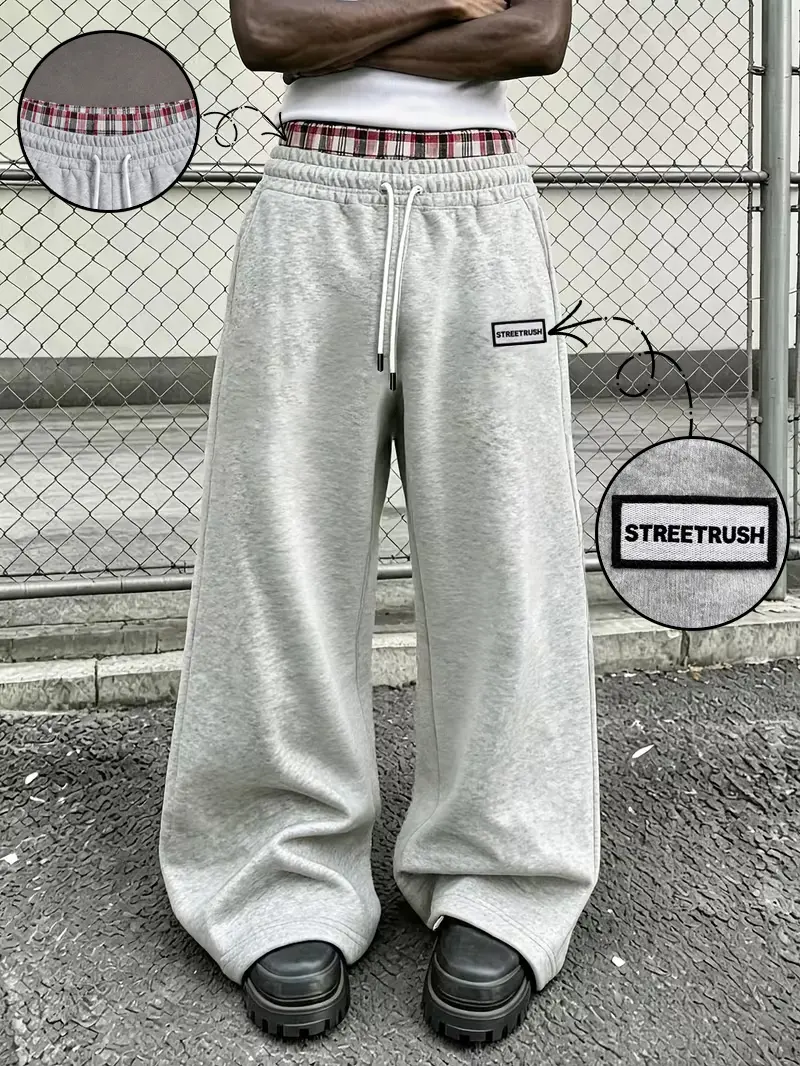Men's Plaid Double Waistband Sweatpants Street Hip Hop Style Loose Straight Leg Jogger Pants Low Rise Layered Waist Casual Athletic Trousers with Drawstring Baggy Y2K Urban Fashion Lounge Bottoms for Daily Wear Dance Travel and Weekend Outfits All Seasons