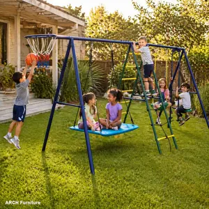 6-in-1 Kids Outdoor Play Backyard Set with Climbing Ladder, Climbing Net, Glider, Hammock, Belt Swing, Basketball Hoop