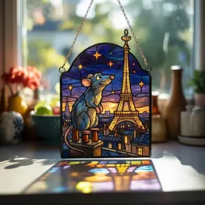 Ratatouille Suncatcher, Remy Mouse Chef Eiffel Tower Window Hanging, Paris Night Cartoon Glass Art Decor
