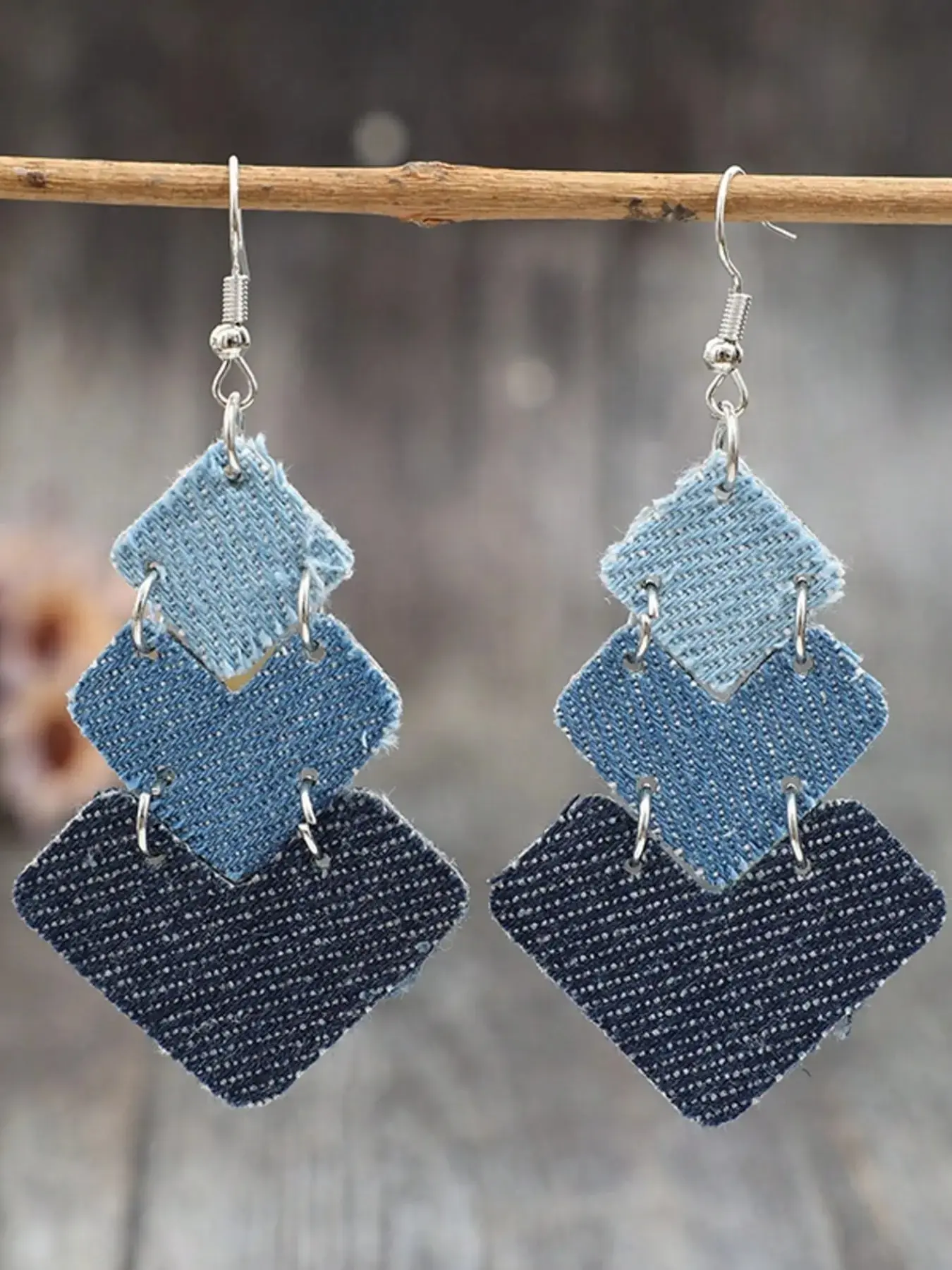 Vintage Denim Patchwork Drop Earrings for Women, Layered Geometric Dangle Earrings, Dark Wash Jeans Fabric Jewelry, Boho Statement Earrings, Unique Design Earrings, Y2K Street Style Fashion Accessories, Unique Handmade Jewelry Gifts for Girls
