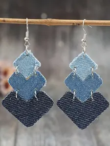 Vintage Denim Patchwork Drop Earrings for Women, Layered Geometric Dangle Earrings, Light Blue Dark Wash Jeans Fabric Jewelry, Boho Casual Statement Earrings, Y2K Street Style Fashion Accessories, Unique Handmade Look Jewelry Gifts for Girls