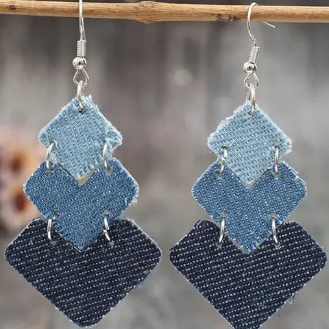 1 Pair Patchwork Dangle Earrings for Women, Trendy Layered Blue Jean Fabric Drop Earrings, Lightweight Boho Statement Jewelry, Vintage Street Style Accessories, Cute Aesthetic Outfit Match, Unique Handmade Look Gift for Girls, Fashionable Earrings