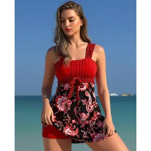 2026 Summer Fashion Bohemian Beachwear – Bow-Waist Paisley Print Swimsuit Dress Set, Red & Black Print Modest Swimsuit Dress, Perfect for Beach Vacations and Pool Parties