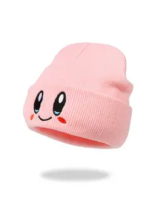 Women's Cute Preppy Style Knit Beanie Fitted Hat, Embroidered Cartoon Expression Design, Perfect for Autumn Winter Casual Wear, Cozy Beanie, Embroidered Headwear, Knitted Hat