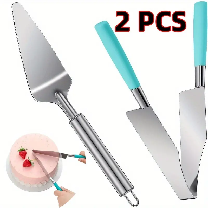 2 Packs Cake Slicer Cutter Multi Function Stainless Steel Cake Spatula Server Set for Cakes Pie Desserts Pizza(Blue)