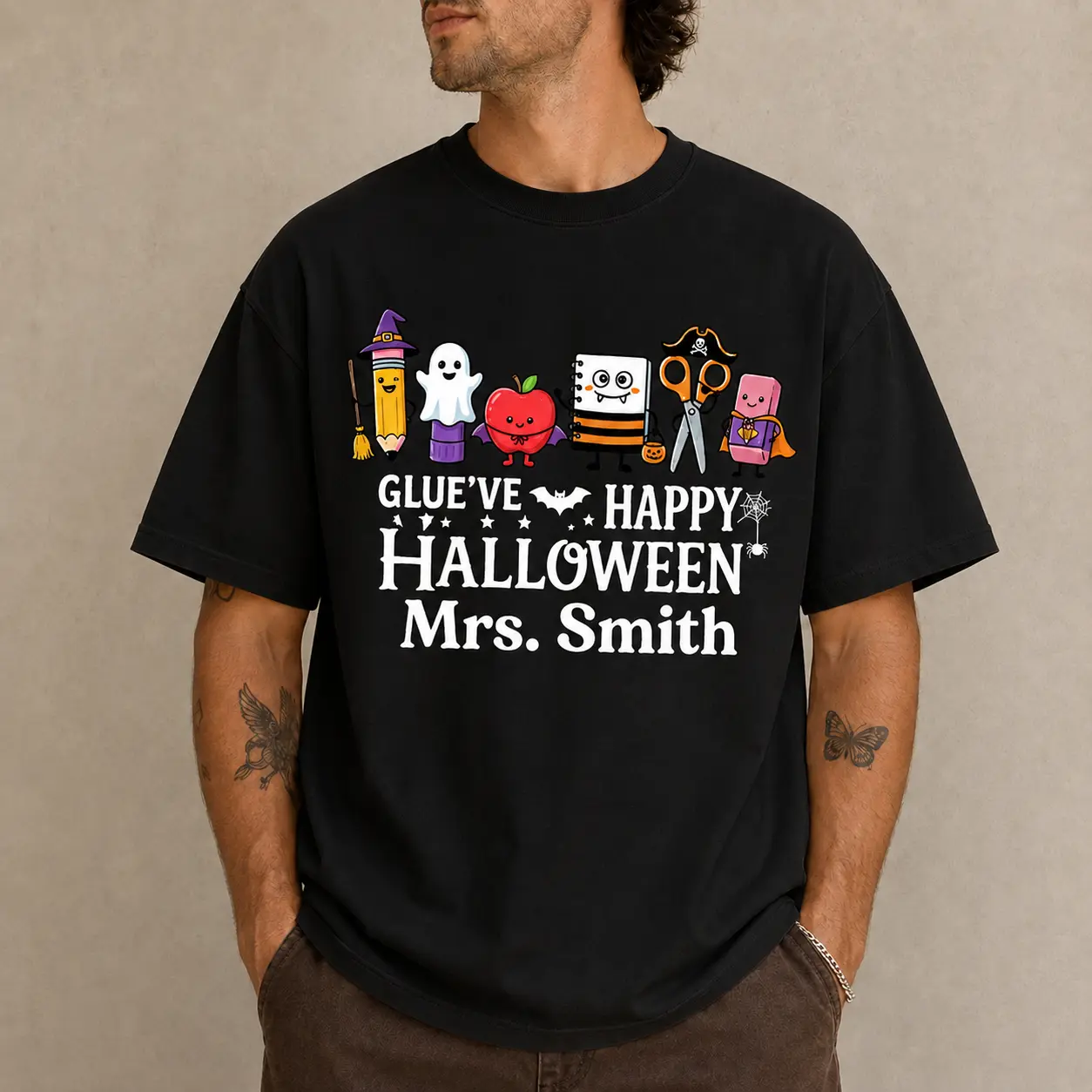 Happy Halloween Teacher Shirt, Custom Name Halloween T-Shirt, Cute School Supplies Graphic Tee, Teacher Halloween Shirt, Spooky Classroom Gift