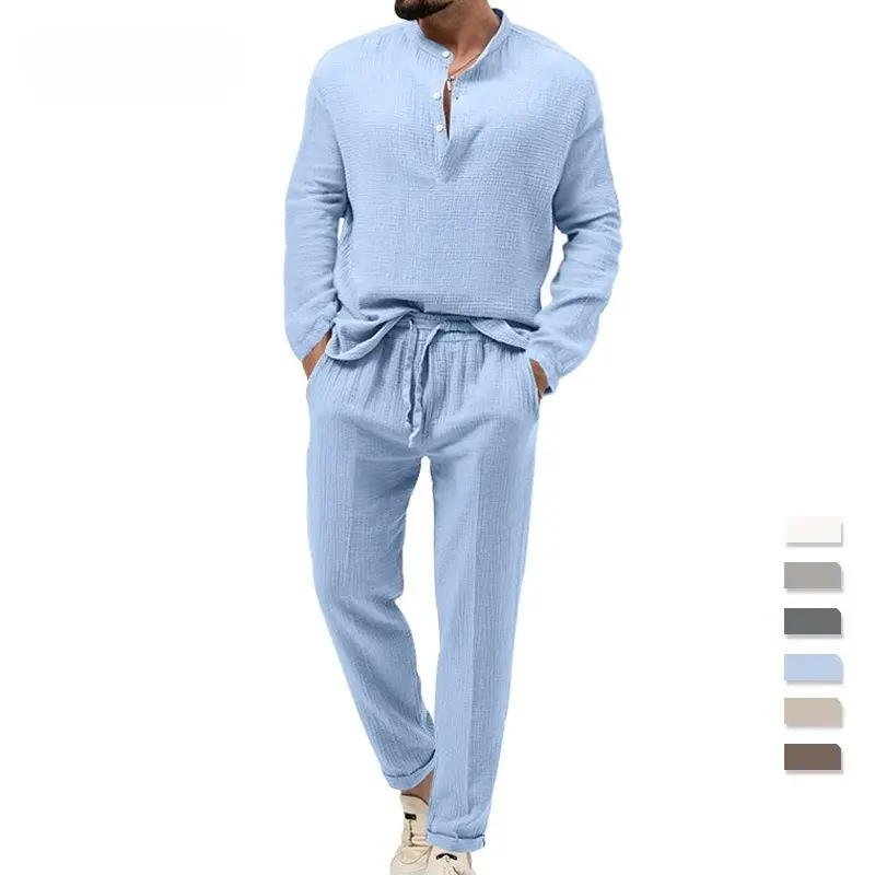 Spring and Autumn Men's Solid Color Casual T-Shirt Long Sleeve Shirt Pants Set