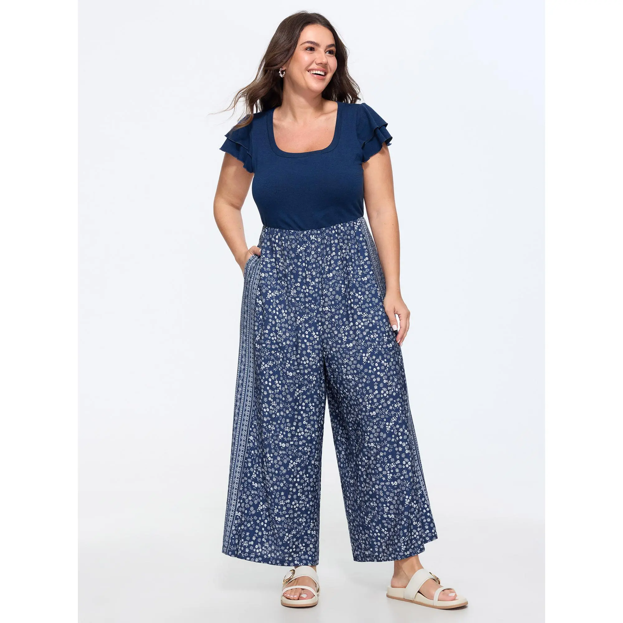 BLOOMCHIC Women's Plus Size Floral Print Square Neck Wide Leg Jumpsuit Overalls - Pocket, Flattering Fit, Breathable Fabric - [M-6X] Summer Wear