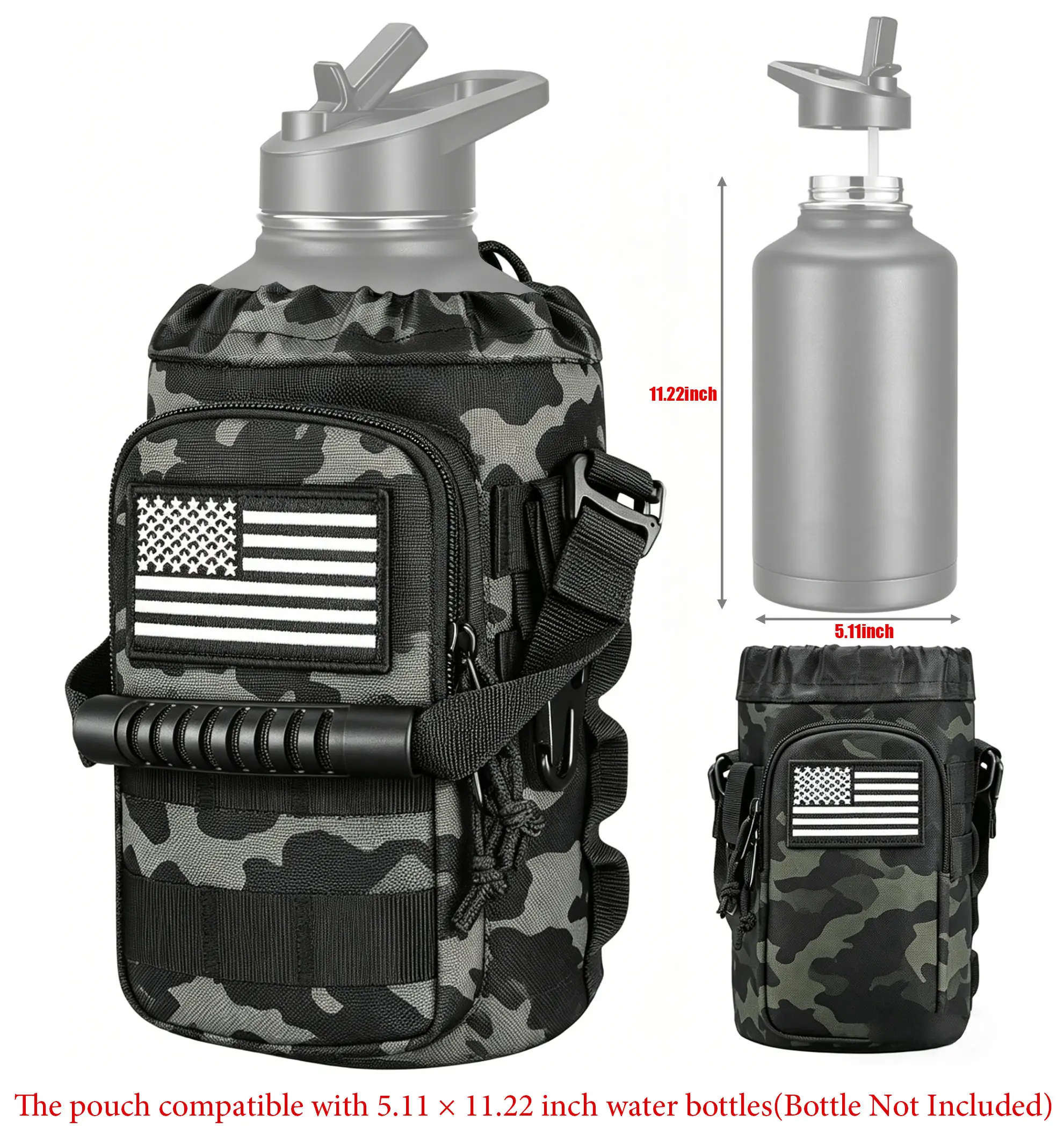 Portable Tactical Water Bottle Pouch, MOLLE Water Bottle Holder with Handle & Extra Storage Pocket, Compatible with 64oz Wide Mouth Bottles, for Hiking Camping Hunting