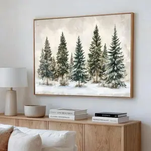 Christmas Holiday Decorations, Wooden Frame Snowy Cabin Landscape Print, Country Farmhouse Art Painting, Vintage Natural Poster