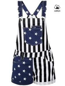 Women's Summer Denim Shorts, Casual Loose Striped Multi-Pocket Design, American Flag Element Rolled Hem, Neutral Style Couple