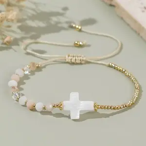 Vintage Women Cross Braided Bracelet Bohemian Adjustable White Cross Classic Golden-Tone Beads Chain Bracelet Vintage Handmade Bracelet Jewelry Gift Trendy Jewellery Accessories