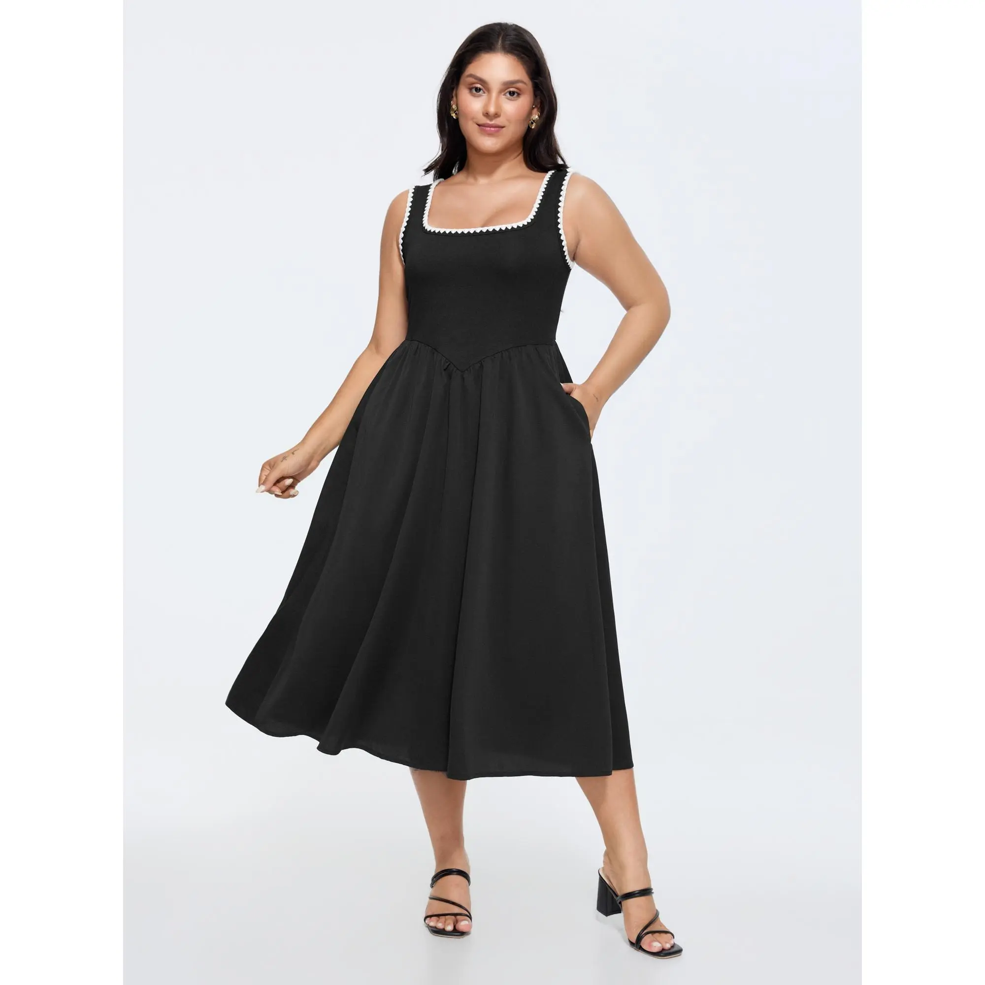 BloomChic Women's Plus Size Sleeveless Maxi Dress, Casual Pull-On Style with Contrast Embroidered Neck and Side Pockets, Solid Rayon Blend, Casual Dresses, 14–16 / 1X, Basic, Fabric