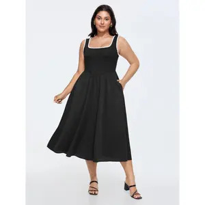 BLOOMCHIC Plus Size Color-Contrast Embroidered Neckline Midi Dress [M–6X], 2026 Summer Vibes,Spotlight,Summer wins,Deals for you days, Women, Polyester