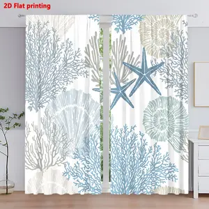 2pc, 2D flat printing, colorful coral shell, starfish, conch, marine creature curtains, with pocket pole installation, can provide soft light and protect privacy, suitable for living room, kitchen, bedroom, study, hotel, dining room, home decoration