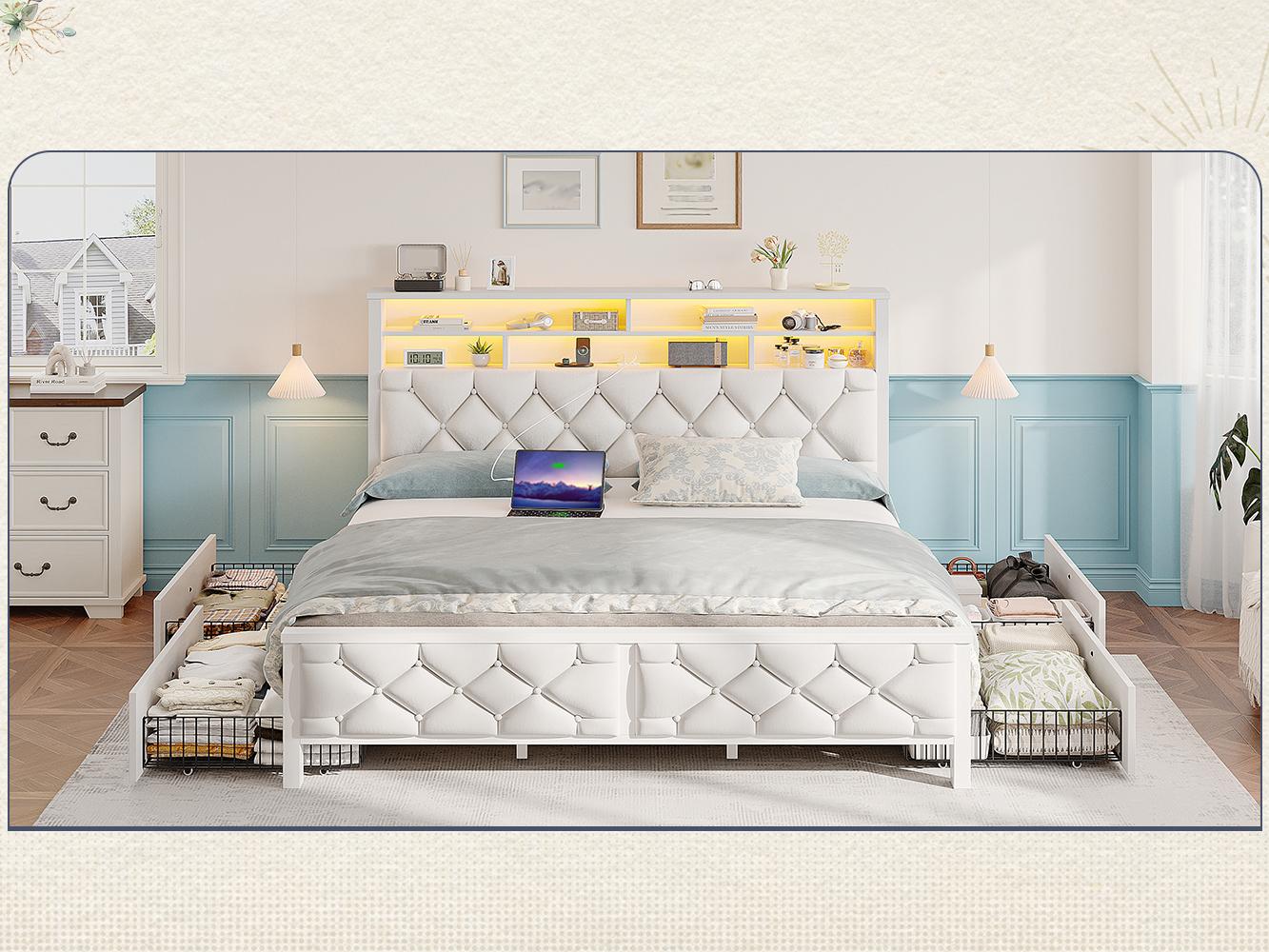 Raybee Luxury Modern LED Bed Frame with Power Stripes, Tufted Velvt Upholstered Full /Queen/King Size Bed Frame with Bookcase Storage Headboard, Heavy Duty Platform Bed Frame Holds 900LBS, NO Noise, No Box Spring Needed, Space Saving Hacks, Beige, Gray