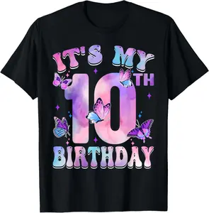 100%cotton It's My 10th Birthday Butterfly Theme 10 Year Old Party Girl T-Shirt