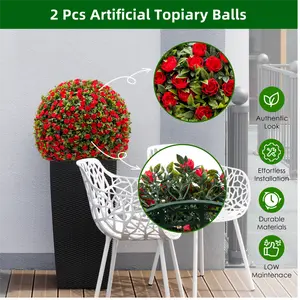 Set of 2 Artificial Boxwood Topiary Balls, UV Resistant Faux Plant Spheres with Hanging Chains & Zip Ties for Outdoor Patio Garden Wedding Indoor Decor, No Maintenance