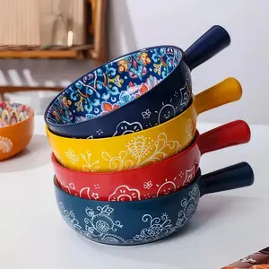 Soup Bowls with Handles, Bohemian Ceramic French Onion Soup Bowls, Set of 4, with colorful Floral Patterns, Microwave & Oven Safe, Home Baking & Dining, 6.2-inch Tableware