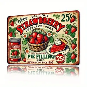 Vintage Strawberry Wall Art Sign in Aluminum 12x8 Inch Rustic Farmhouse Kitchen Decor with Classic Strawberry Pie and Cake Design