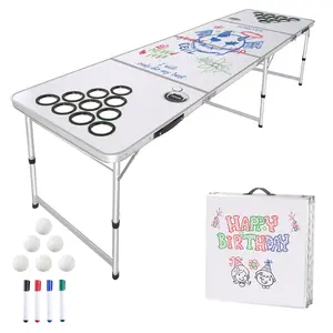 【SummerFinds】VEVOR 8 Foot Portable Beer Pong Table, Folding Tailgate Table, Cup Holes, Dry Erase Markers and Carrying Handles, Adjustable Height, Lightweight Table for Office, Tailgate Party & Camping, White