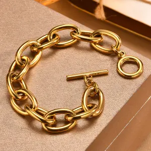 US-LUXURY - Chunky Bold Toggle Bracelets for Women, Stainless Steel OT Buckle Link Chain Bracelet Gold Plated Tarnish Free