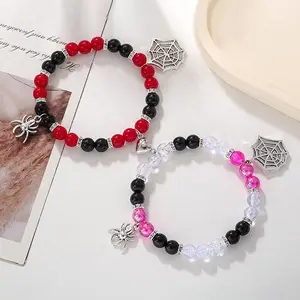 2 Pcs of White Spider Pendant Heart Shaped Magnet Couple's Bracelets Fashion Jewelry Gift
