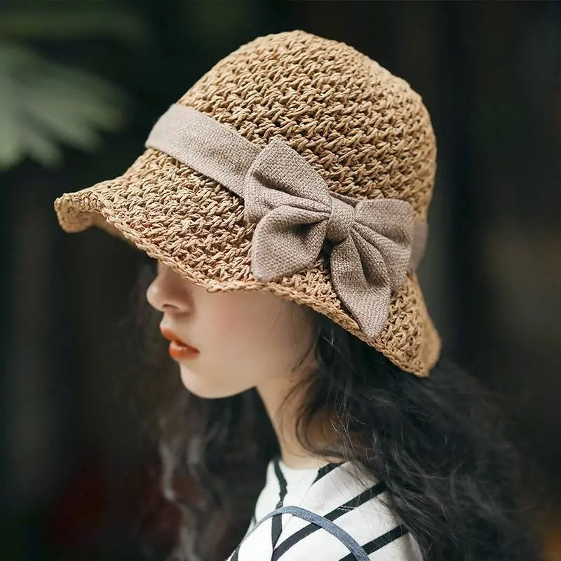 Versatile retro woven handmade straw hat with ruffled bow,elegant French sun hat, foldable, breathable travel beach hat.